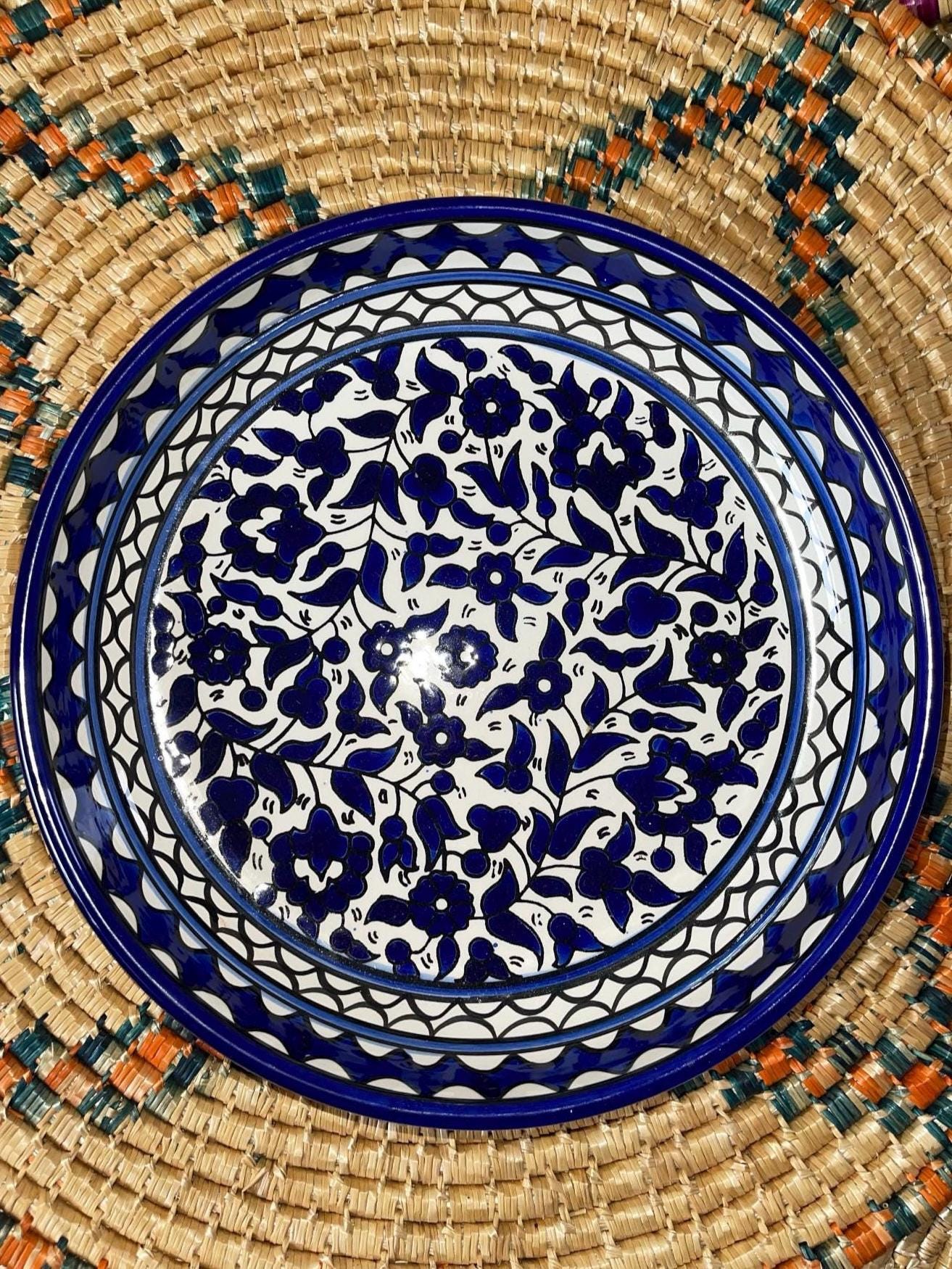 Flat Serving Bowl Blue 34 cm Floral Design Handmade Palestinian Potery خزف مصنوع في فلسطين