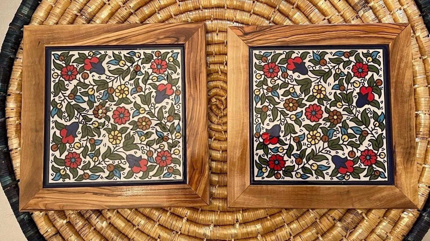 Set of 2 Coasters Ceramic Wooden Frame Handmade & Hand Painted in Palestine Kitchen Decor Serving Decor خزف فلسطيني