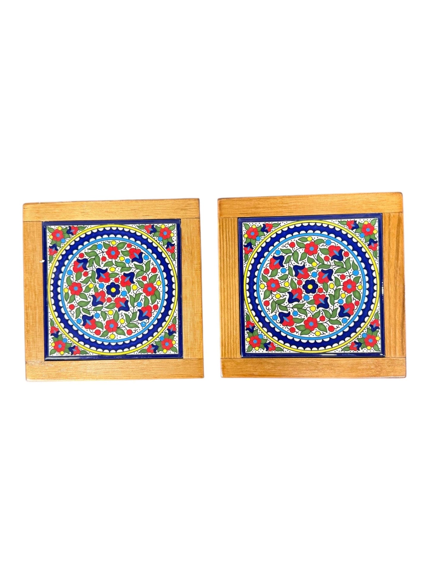 Set of 2 Coasters Ceramic Wooden Frame Handmade & Hand Painted in Palestine Kitchen Decor Serving Decor خزف فلسطيني