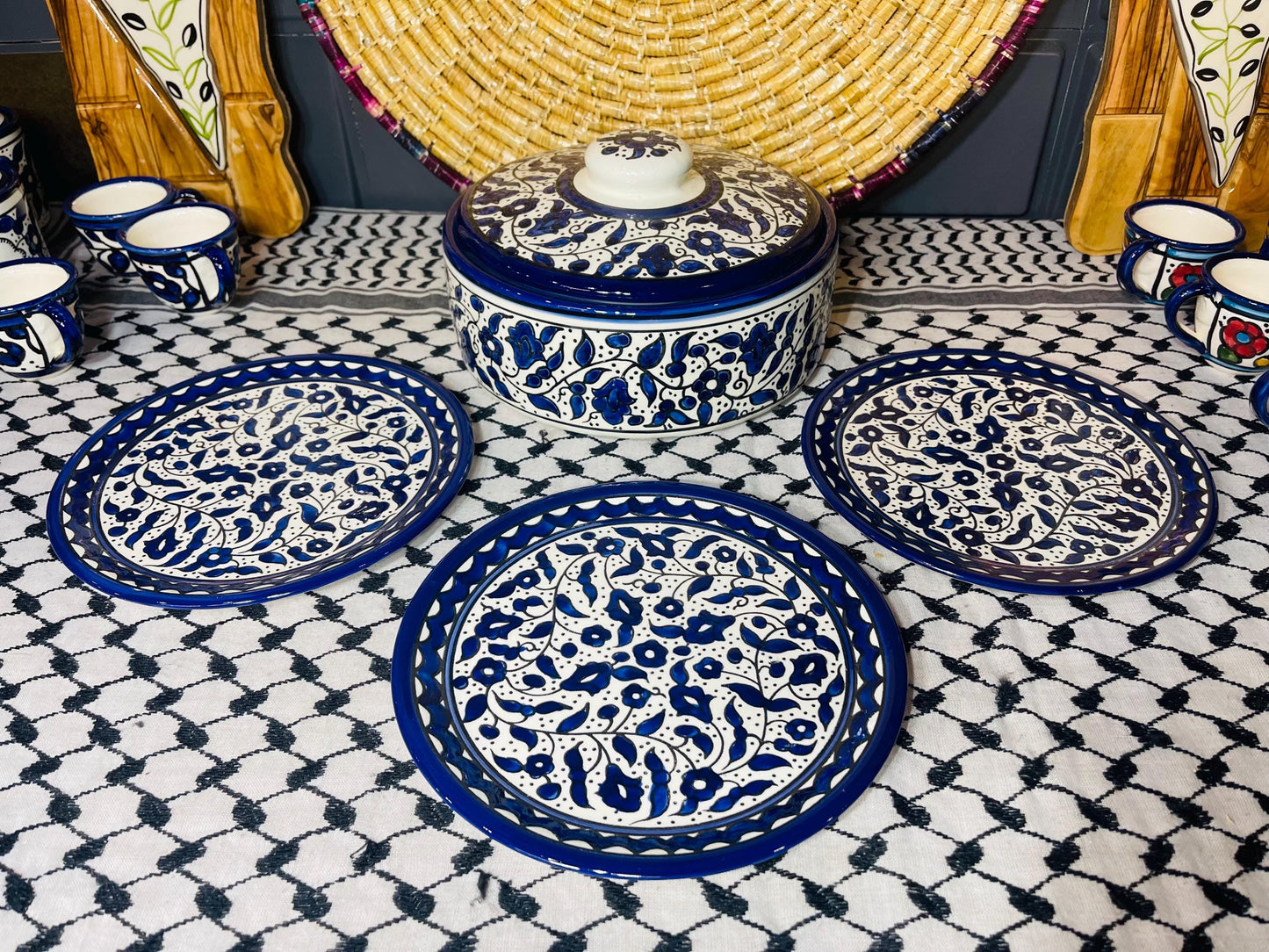 Blue floral Palestine Pottery Sweets Container Large Ceramic and 3 Serving Plates Handmade in PALESTINE