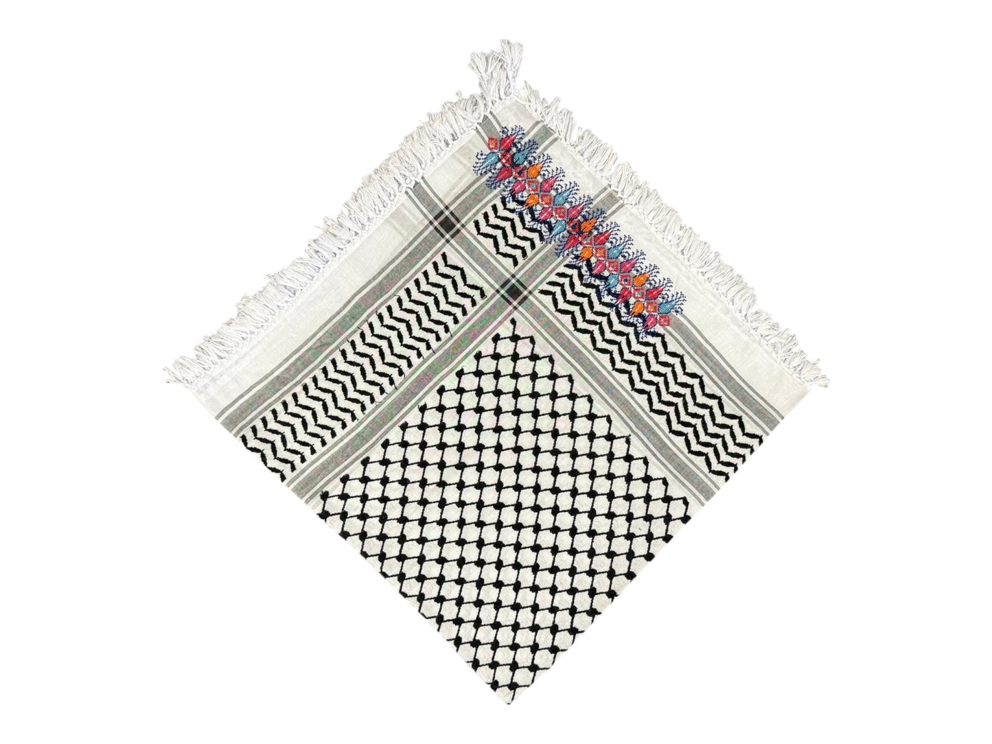 Keffiyeh With Palestinian Embroidery || White & Black || Thick Fringes and long Tassels || Original Traditional Style || Made in Palestine