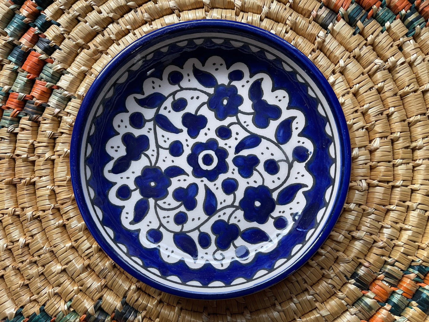 Palestine Pottery Round flat edged Plates 13 cm.Ceramic Handmade in Palestine خزف مصنوع في فلسطين