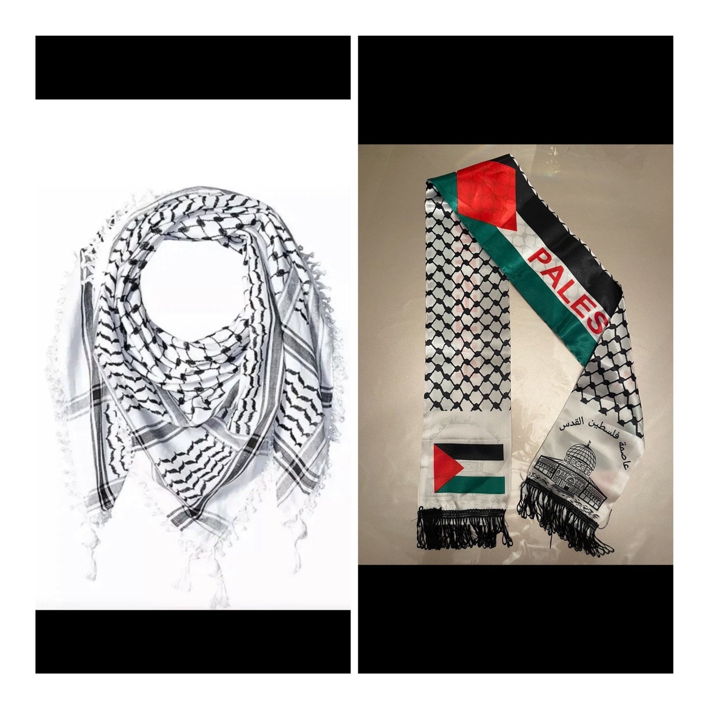 Keffiyeh Scarfs bundle Large and Small Palestinian Arafat White & Black Made in Palestine صناعة فلسطينية