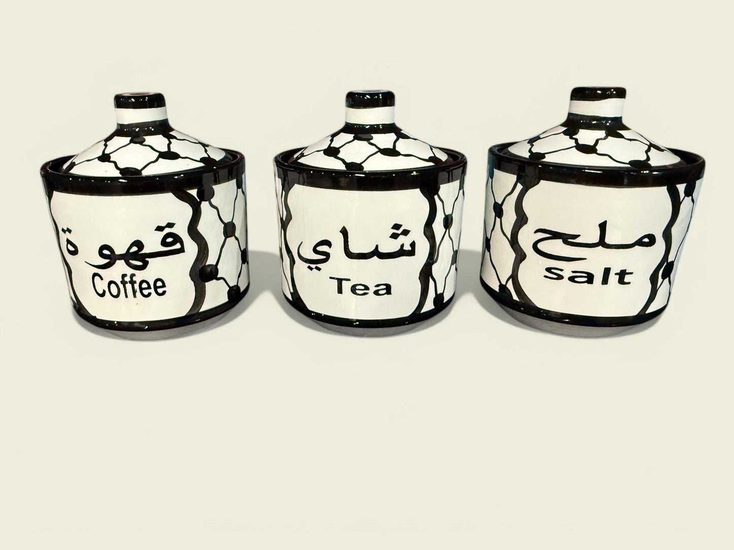 Kuffiyeh Ceramic Pottery || Set of 3 Canisters || Salt, Tea, & Coffee || Handmade in Palestine || Palestinian Artists خرف فلسطيني