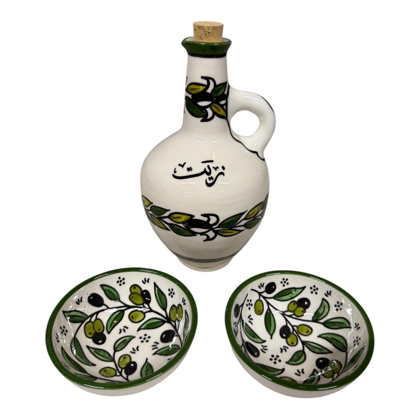 Palestine Pottery Olive Branch Palestinian Ceramic Oil Dispenser and bowls Set Hand Painted and Handmade in Palestine