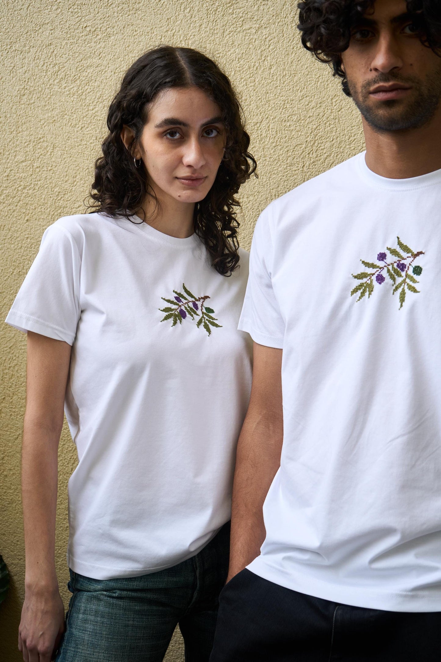 Olive Branch Stiched || Boqaa T-Shirt || Hand Stitched on White || Palestinian Embroidery || Made in Al-Baq'a Palestine