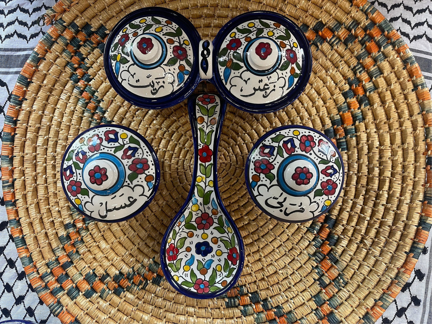 Palestinian Pottery Breakfast set of Zeit & Zatar, Asal, Mraba, and with Spoon Rest Handmade and Hand Painted Made in Palestine