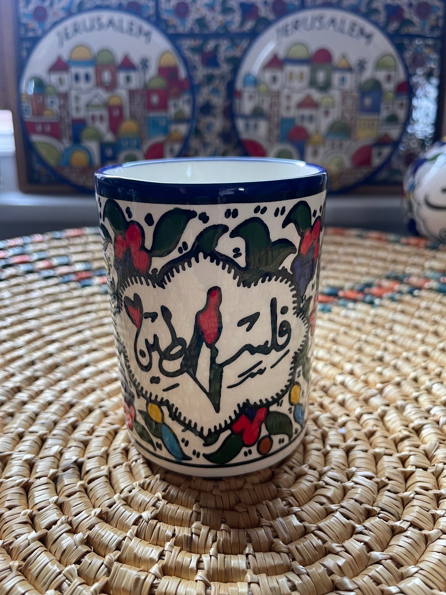 Palestine Pottery Mug 12 Oz Palestine writing in Arabic Ceramic Handmade in Palestine