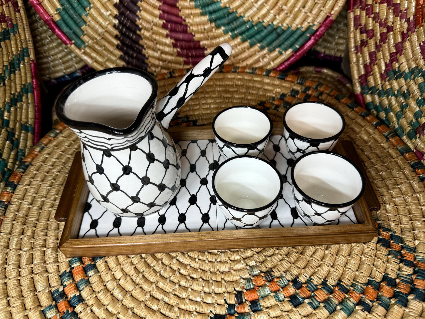 Palestinian Kuffiyeh Pottery Set of 4 cups with Pot with Tray for Coffee or Tea || Ceramic Pottery || Handmade in Palestine || خزف فلسطيني
