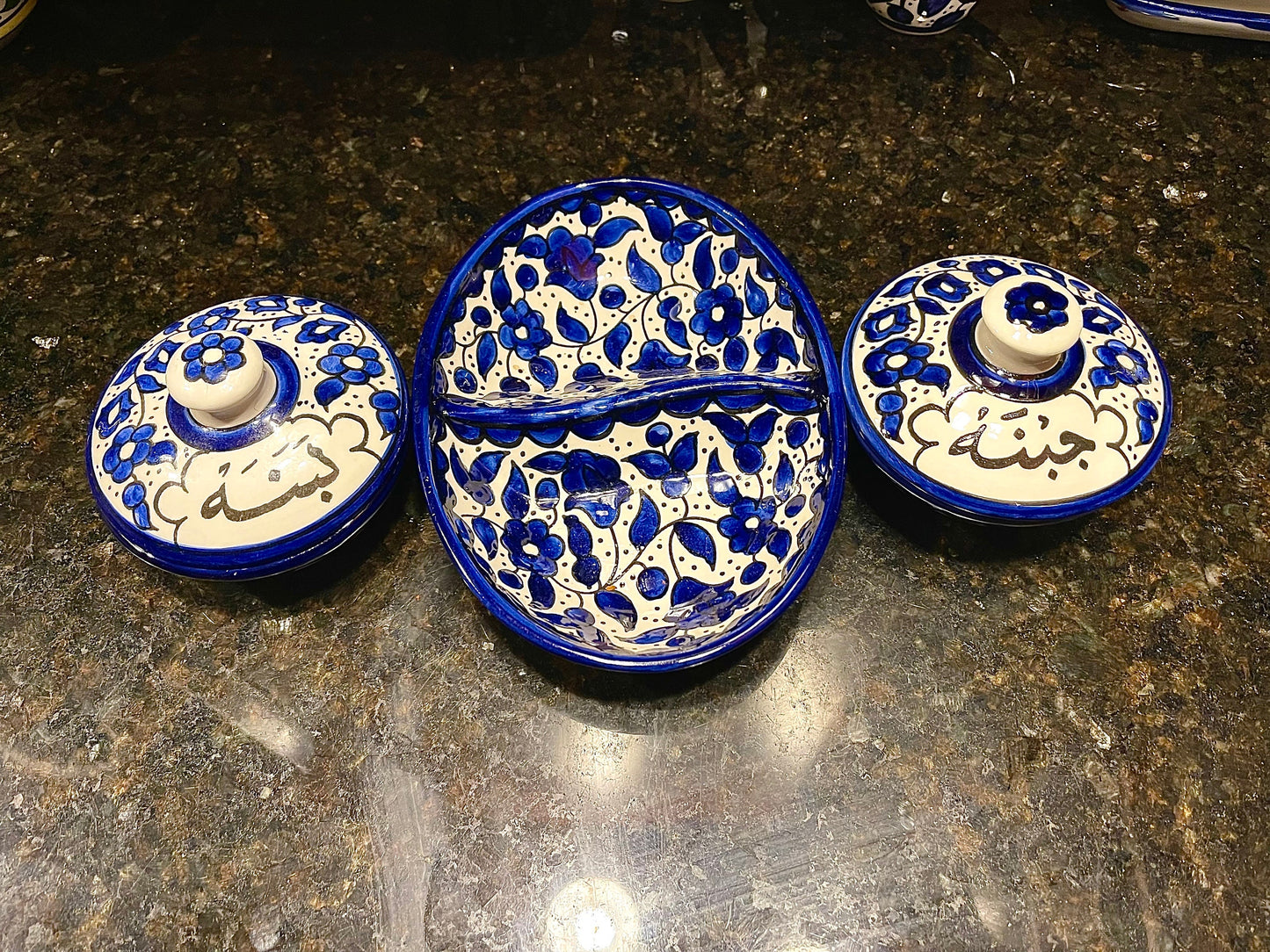 Palestinian Pottery Breakfast Set Blue Jibneh & Labaneh Bowls and Oval Bowl Ceramic Handmade and Hand Painted Made in Palestine