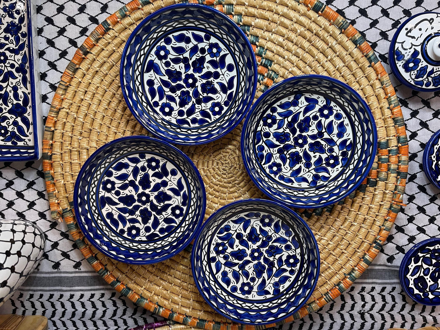 Set of 4 Palestine Pottery Flat Bowl Blue Floral 15 cm Design Handmade Made in Palestine خزف مصنوع في فلسطين