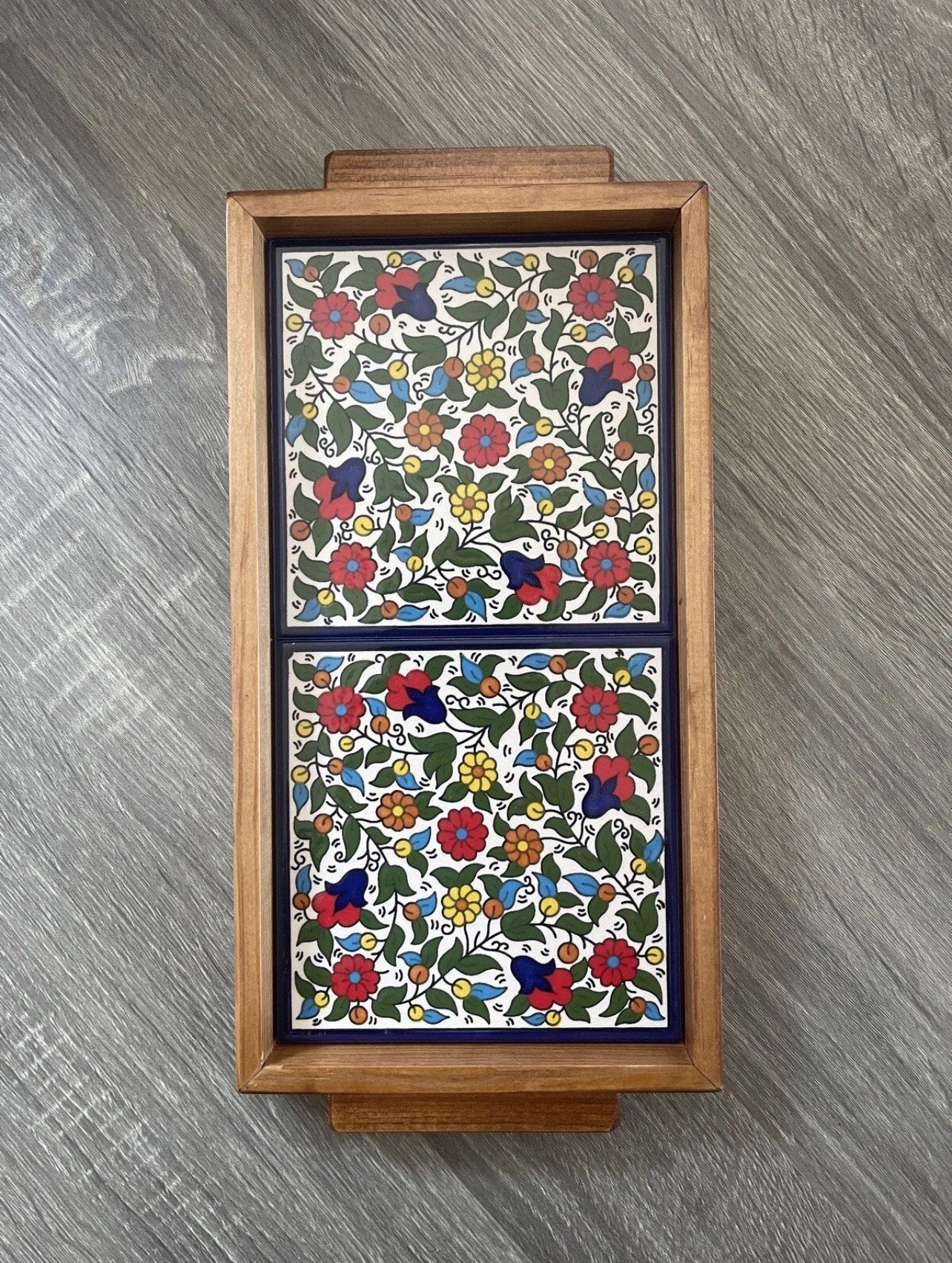 Palestinian Pottery Ceramic Tray 30x15 cm Handmade and Hand Painted in Palestine Wooden Frame خزف فلسطيني
