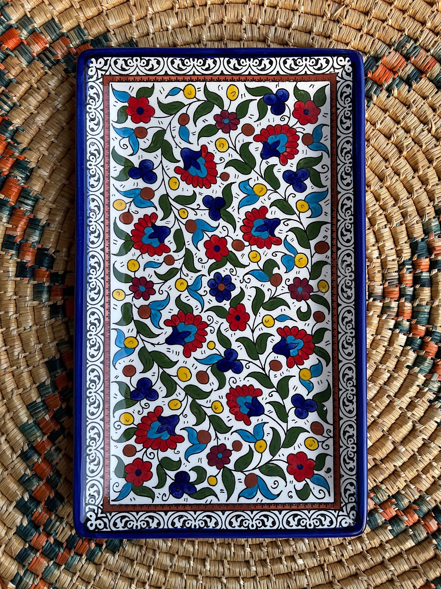 Tray | Rectangular Platter Palestine Pottery Ceramic Handmade & Hand Painted Blue 32x20 cm Made in Palestine خزف فلسطيني