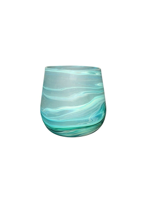Hand Blown Phoenician Glass Sand Candle Holder – Aqua Swirl, Made in Palestine