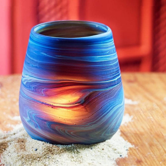 Sand Candle - Palestinian Phoenician Glass ||  Handblown Unrepeatable  Pattern || Blue Marble Glass Handmade in Palestine