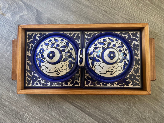 Zeit & Zatar Basket with Tray 30x15 Cm wooden Frame Ceramic Handmade and Hand Painted IN PALESTINE (Palestinian Pottery)