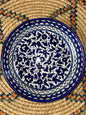 Flat Serving Bowl Blue 34 cm Floral Design Handmade Palestinian Potery خزف مصنوع في فلسطين