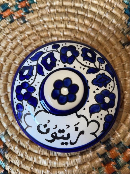 Handmade Ceramic Floral Design Olives Plate with Lid Zaytoon Dish صحن زيتون  خزف صناعة فلسطينية Pottery Art Hand Painted