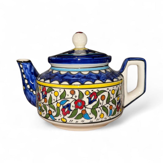 Artisan Ceramic Teapot from Palestine – Handcrafted Blue & White Pottery, Arabic Floral Motif