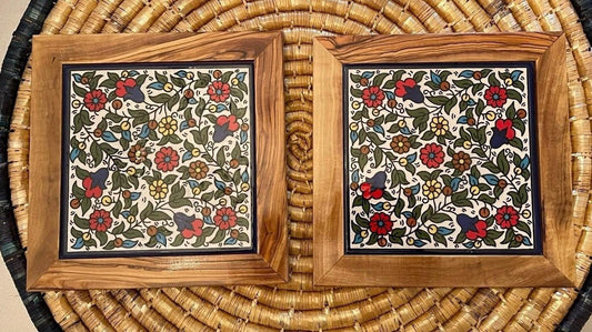 Set of 2 Coasters Ceramic Wooden Frame Handmade & Hand Painted in Palestine Kitchen Decor Serving Decor خزف فلسطيني