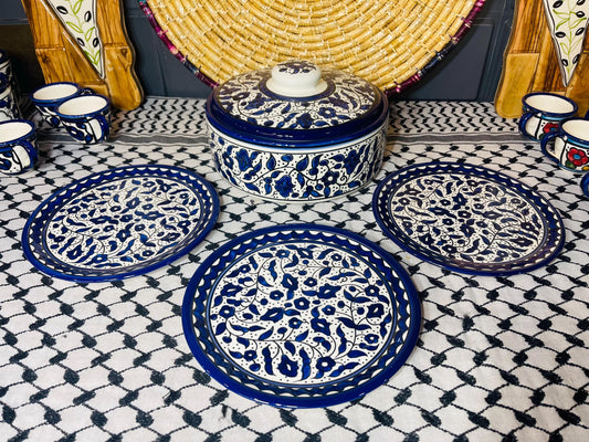 Blue floral Palestine Pottery Sweets Container Large Ceramic and 3 Serving Plates Handmade in PALESTINE