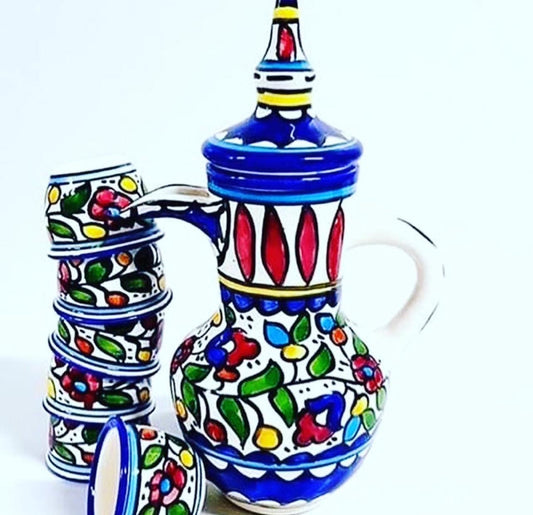 Set of 6 cups with Pot for Coffee or Tea || Ceramic Pottery || Handmade in Palestine || خزف فلسطيني