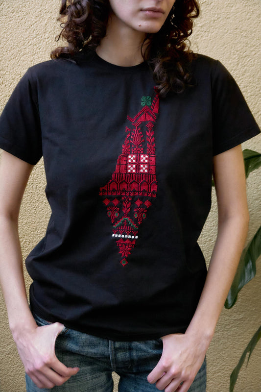 Boqaa T-Shirt || Red Map Hand Stitched on Black || Palestinian Embroidery || Made in Al-Baq'a Palestinian Refugee Camp