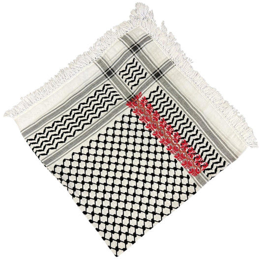Keffiyeh With Palestinian Embroidery || White & Black || Thick Fringes and long Tassels || Original Traditional Style || Made in Palestine