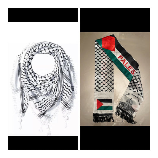 Keffiyeh Scarfs bundle Large and Small Palestinian Arafat White & Black Made in Palestine صناعة فلسطينية