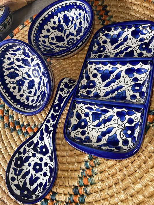 Set of 2 Deep Bowls Trio divided Plate Handmade and Spoon Rest edged Bowls 13 cm Blue Palestinian Potery Ceramic خزف فلسطيني