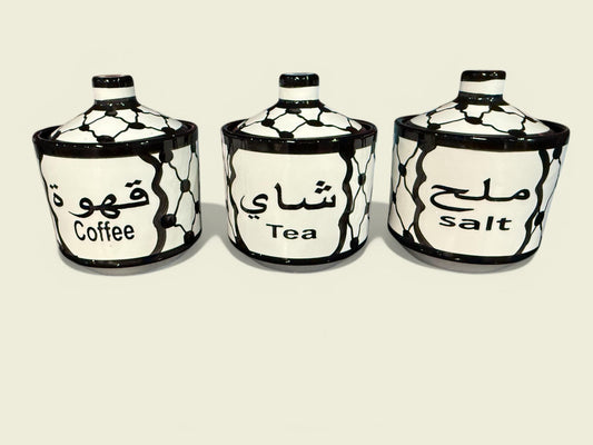 Kuffiyeh Ceramic Pottery || Set of 3 Canisters || Salt, Tea, & Coffee || Handmade in Palestine || Palestinian Artists خرف فلسطيني