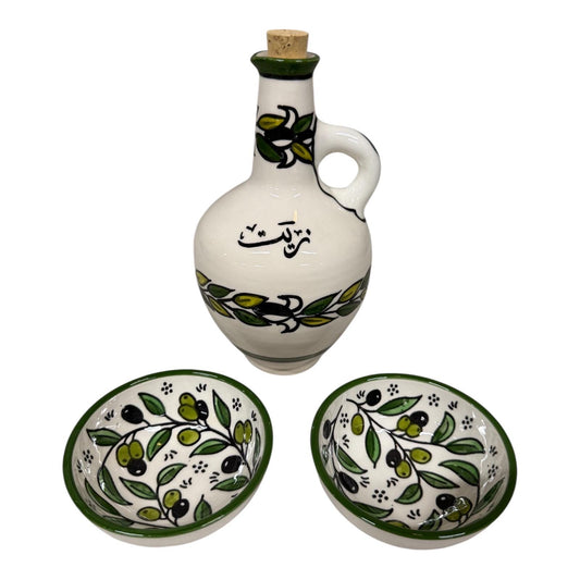 Palestine Pottery Olive Branch Palestinian Ceramic Oil Dispenser and bowls Set Hand Painted and Handmade in Palestine
