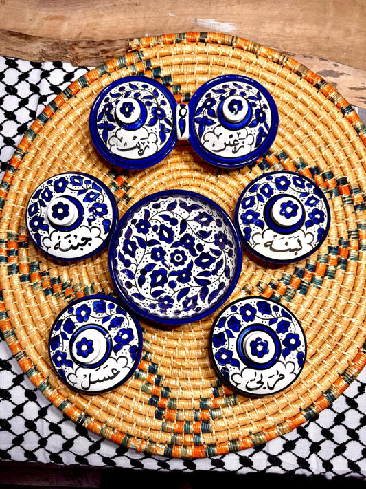 Palestine Pottery Breakfast set of Zeit & Zatar, Deep Bowl 15 cm, Labneh, Jibneh, Mrabah, and Asal (زيت وزعتر، لبنة، جبنة، مربى، عسل)