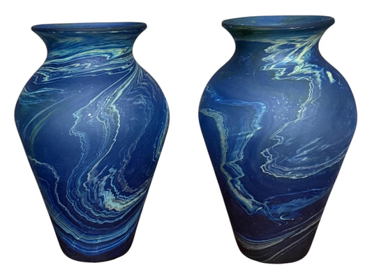 Vase Set of 2 Phoenician Glass Blue Marble Handblown  in Palestine