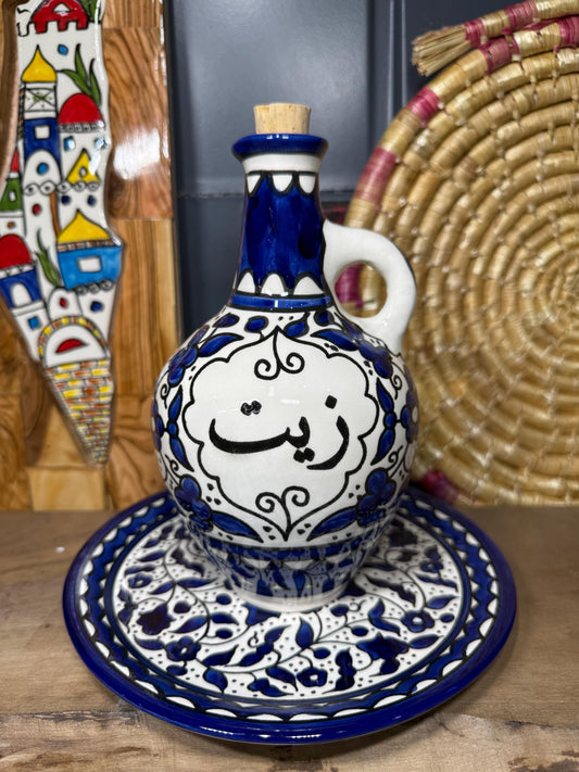 Palestine Pottery Palestinian Ceramic Oil Dispenser bottle with Coaster HandPainted and Handmade in Palestine خزف فلسطيني اصلي من الخليل