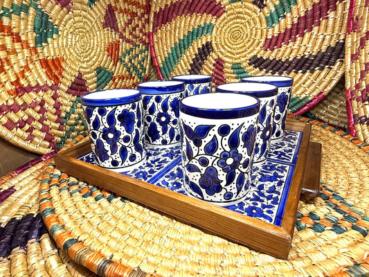Palestinian Ceramic Coffee Set of 6 Mugs with Serving Tray Handmade  in Palestine