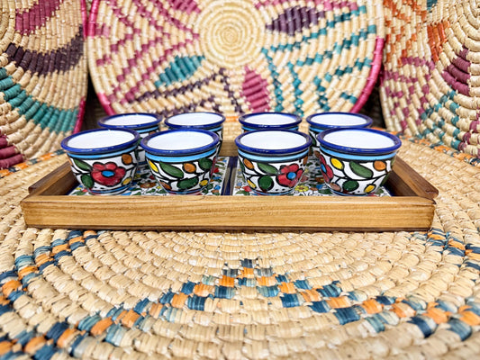 Ceramic Handmade Palestinian Pottery || Arabic coffee cups set of 8 || 30x15 cm Ceramic Tile Wood Framed Tray || made in Palestine