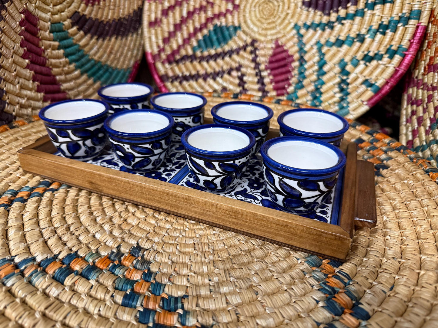 Ceramic Handmade Palestinian Pottery || Arabic coffee cups set of 8 || 30x15 cm Ceramic Tile Wood Framed Tray || made in Palestine