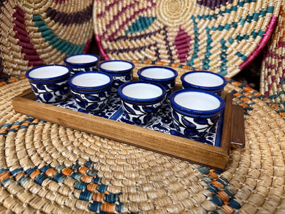 Ceramic Handmade Palestinian Pottery || Arabic coffee cups set of 8 || 30x15 cm Ceramic Tile Wood Framed Tray || made in Palestine