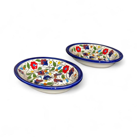 Handmade Ceramic Soap Dish – Palestinian Pottery Soap Plate with Floral Design, Artisan Bathroom Decor from Palestine