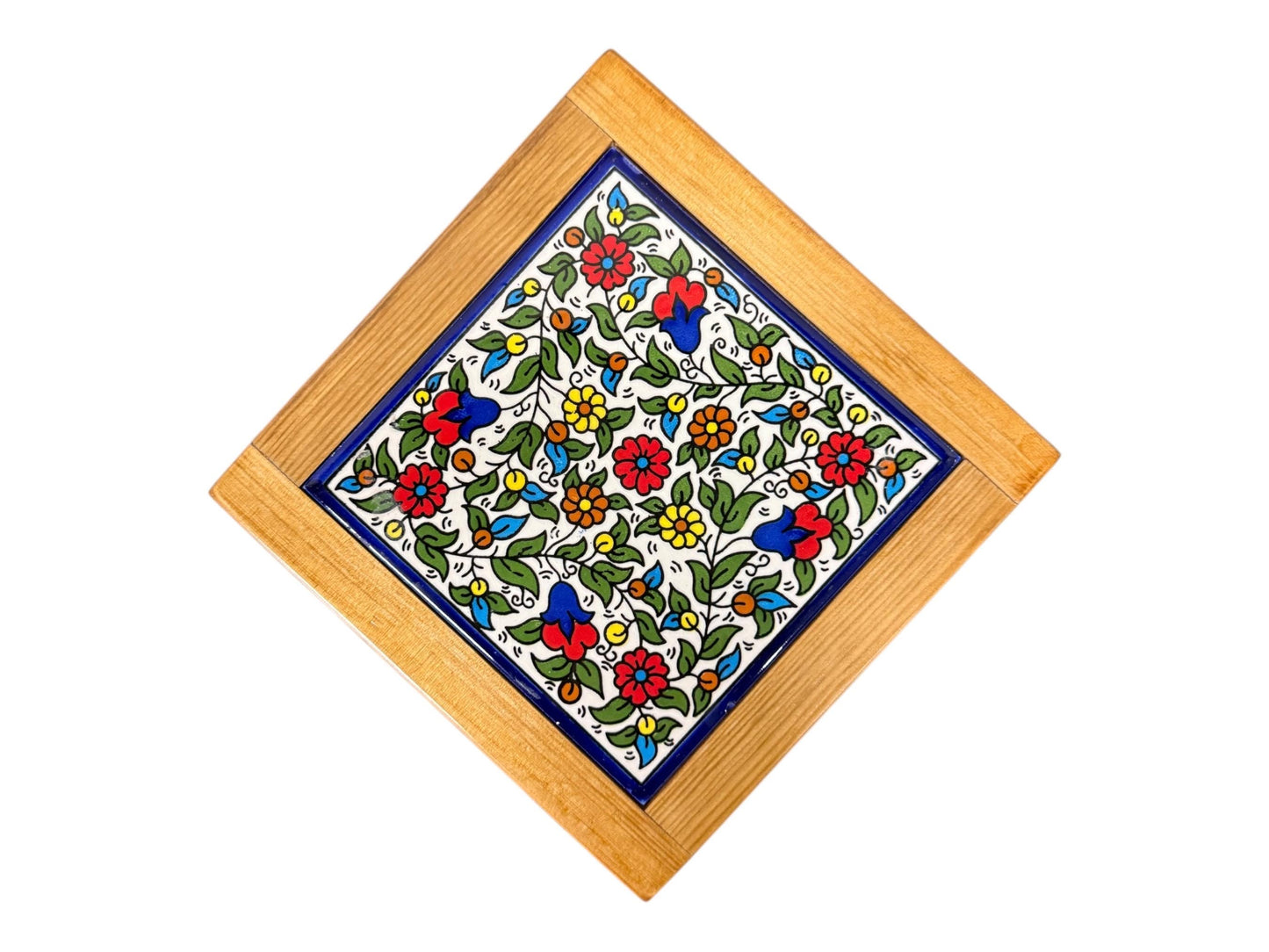 Handmade Coaster Ceramic || Wooden Frame || Hand Painted || made in Palestine Kitchen Decor Serving Decor خزف فلسطيني