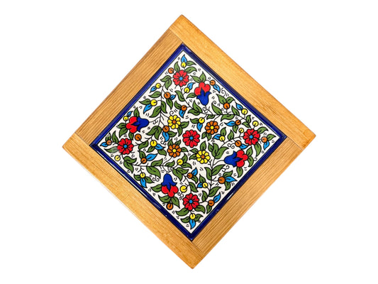 Handmade Coaster Ceramic || Wooden Frame || Hand Painted || made in Palestine Kitchen Decor Serving Decor خزف فلسطيني