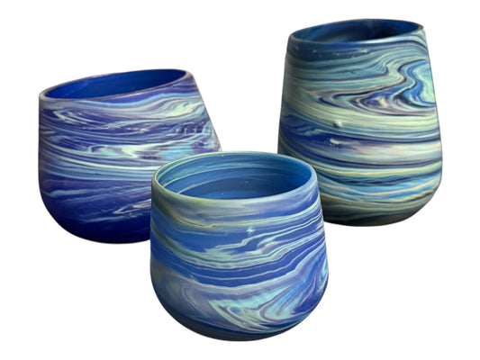 Sand Candle Set of 3 - Palestinian Phoenician Glass ||  Handblown Unrepeatable  Pattern || Blue Marble Glass Handmade in Palestine