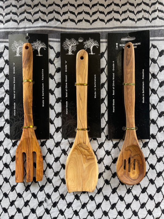 Hand Made Olivewood Cooking Set of 3 Pieces Hand Crafted in Bethlehem Made in Palestine معلقة طبخ خشب زيتون مصنوعة في بيت لحم فلسطين