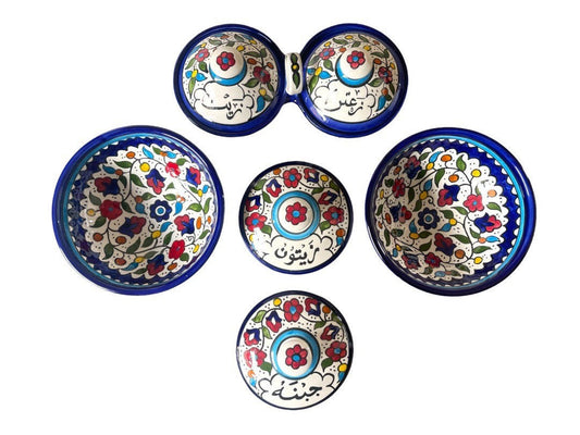 Breakfast set of Zeit & Zatar, Jibnah, Zaytoon, and two 13 cm bowls Handmade and Hand Painted Palestinian Pottery