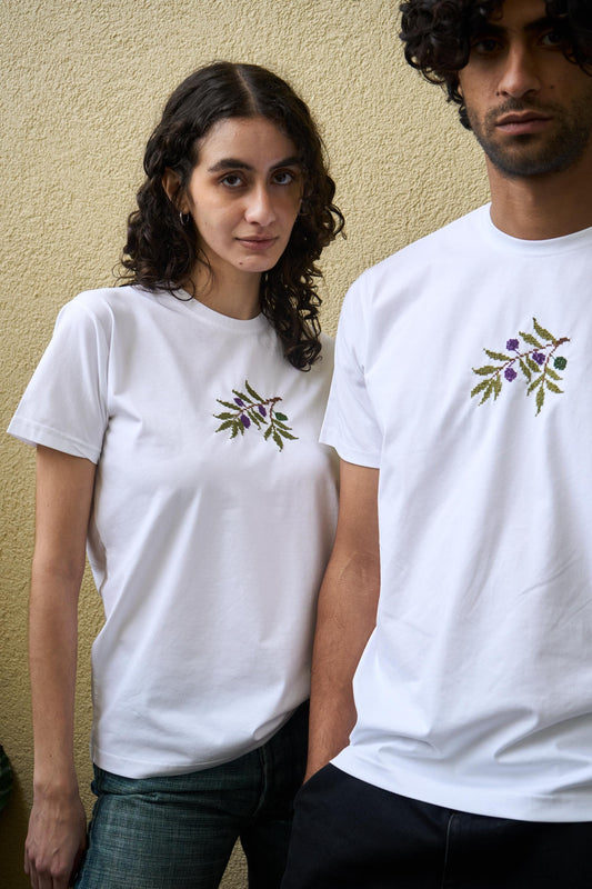 Olive Branch Stiched || Boqaa T-Shirt || Hand Stitched on White || Palestinian Embroidery || Made in Al-Baq'a Palestine
