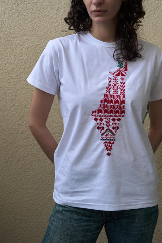 Boqaa T-Shirt || Red Map Hand Stitched on White || Palestinian Embroidery || Made in Al-Baq'a Palestinian Refugee Camp