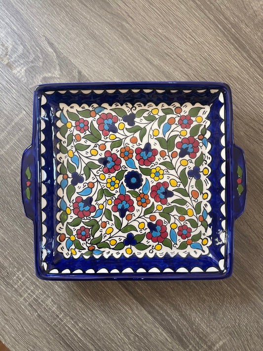 Serving Platter Squared With Handles Ceramic Handmade & Hand Painted Made in Palestine خزف فلسطيني
