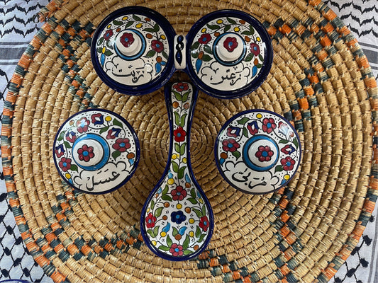 Palestinian Pottery Breakfast set of Zeit & Zatar, Asal, Mraba, and with Spoon Rest Handmade and Hand Painted Made in Palestine