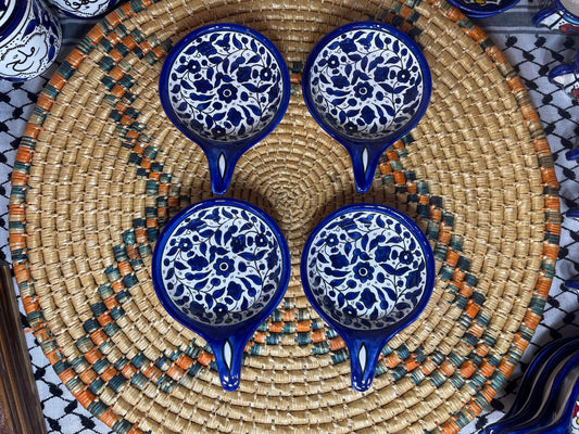Palestine Pottery Set of 4 Handmade ceramic skillet plates blue floral design Palestinian Product